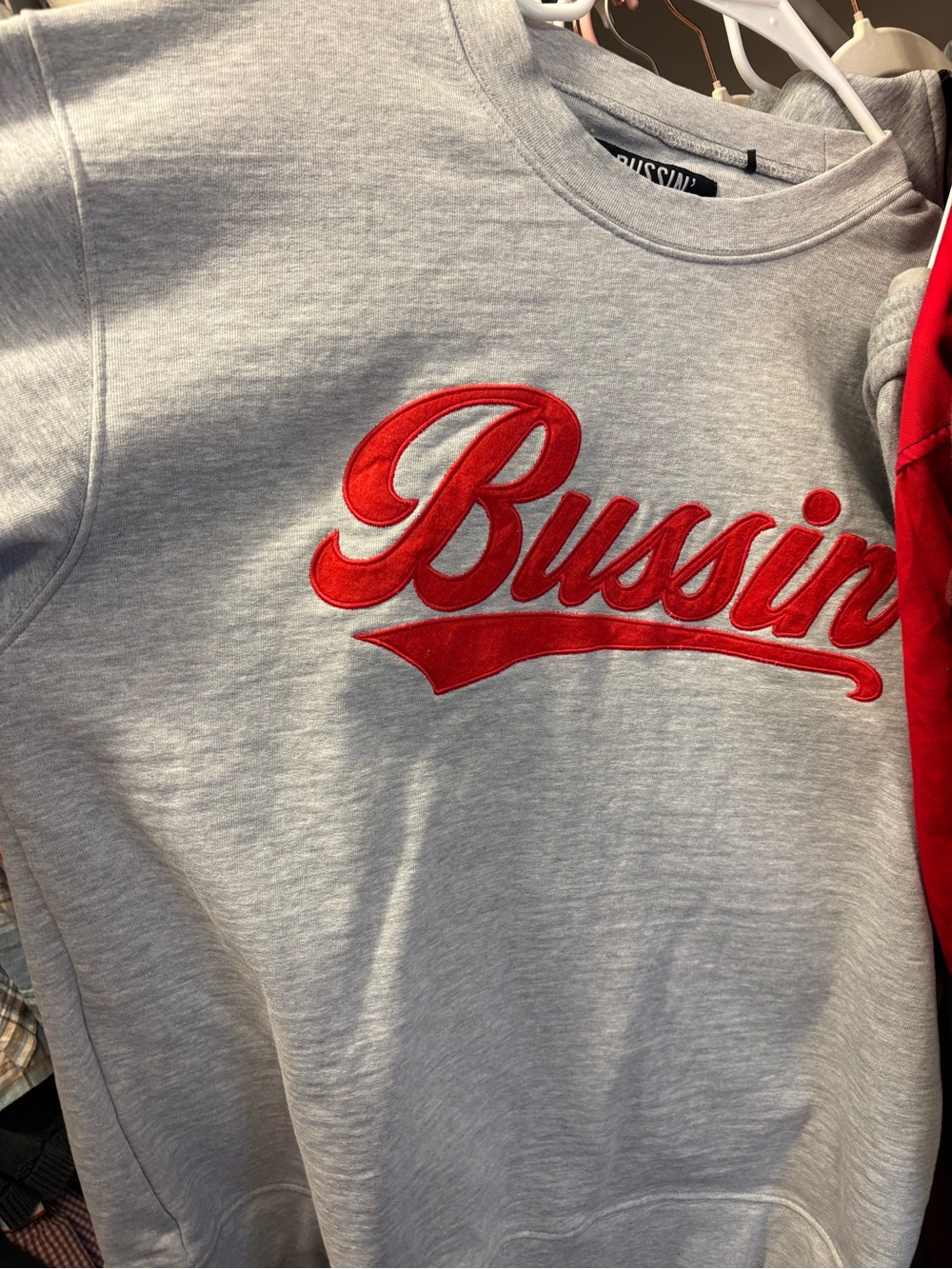 Bussin with the boys Grey Crewneck Sweatshirt with Red Script